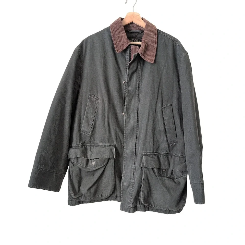 Vintage Banana Republic Gray Canvas Barn Chore Coat Corduroy Pockets Size S Work